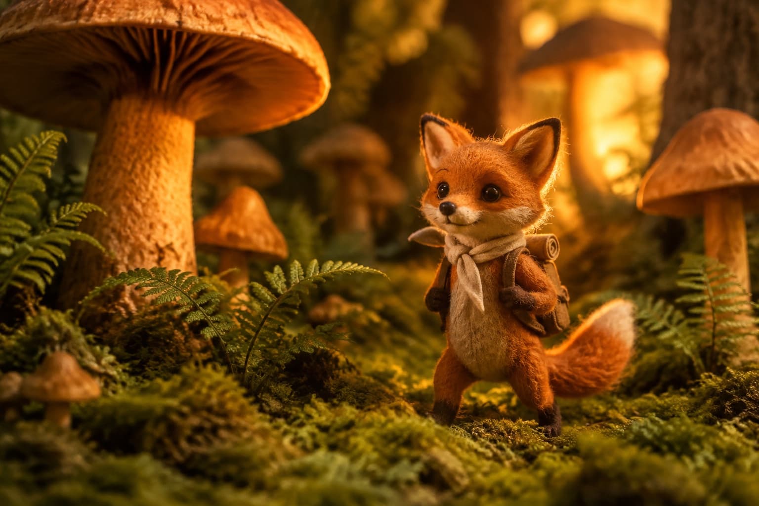An imagined orange fox character exploring a miniature moss forest