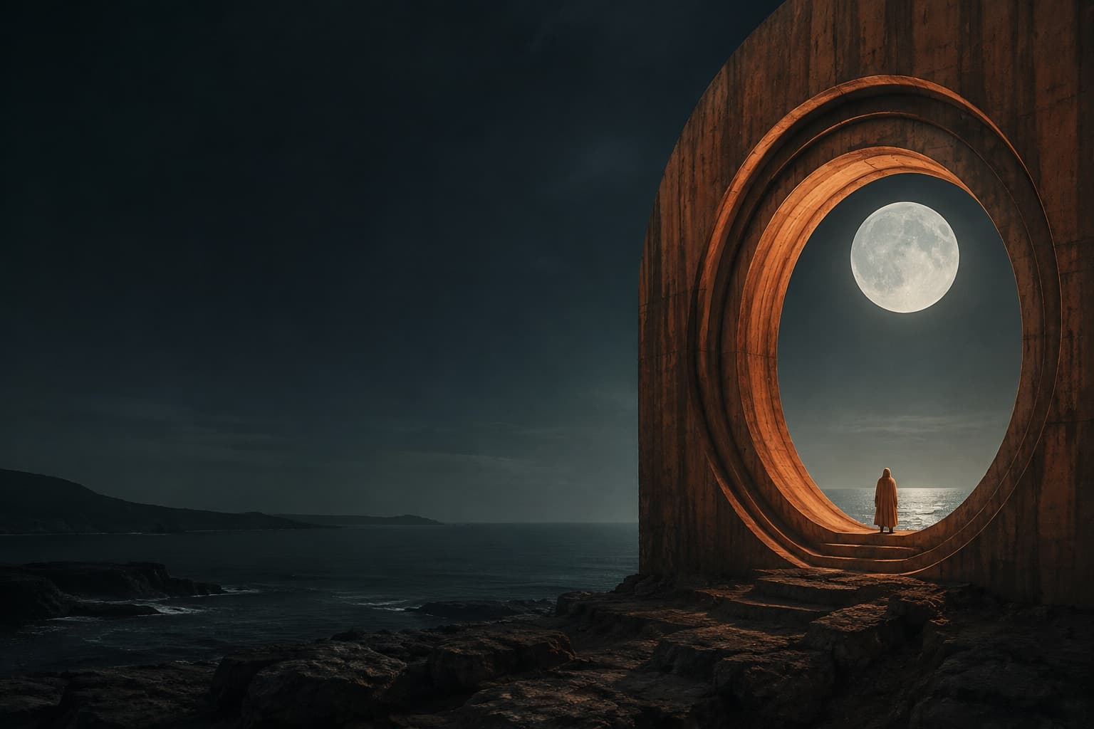 A lone explorer beneath a monumental terracotta portal framing the moon over a dark sea