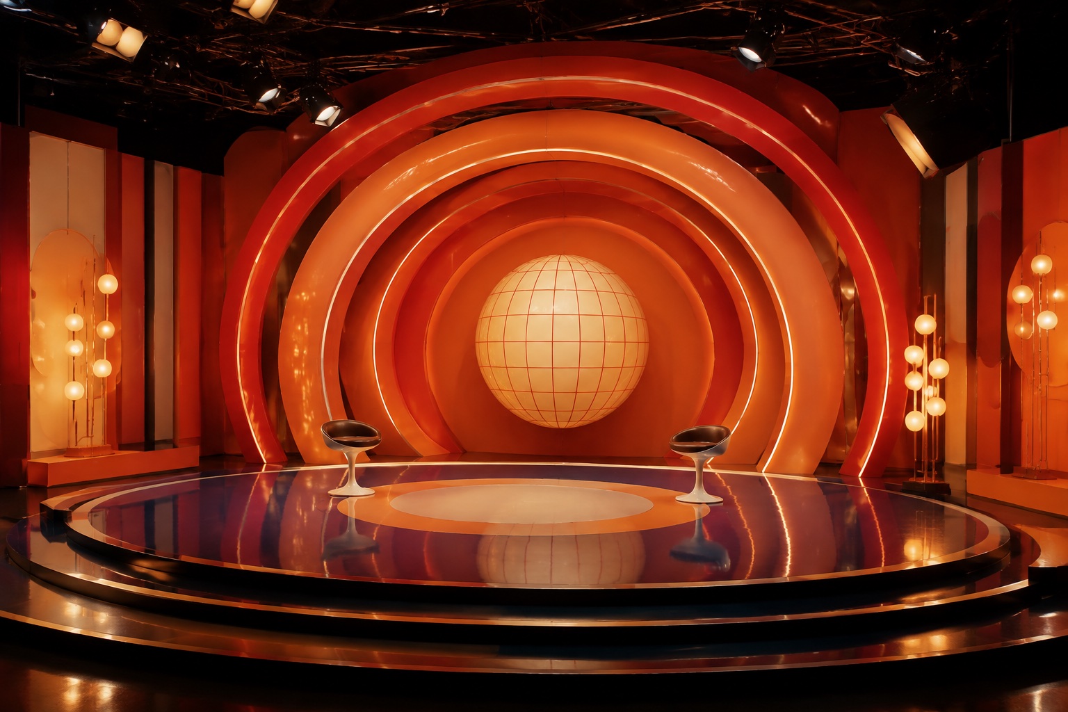 A retro television stage with coral arches, warm studio lights and two stools